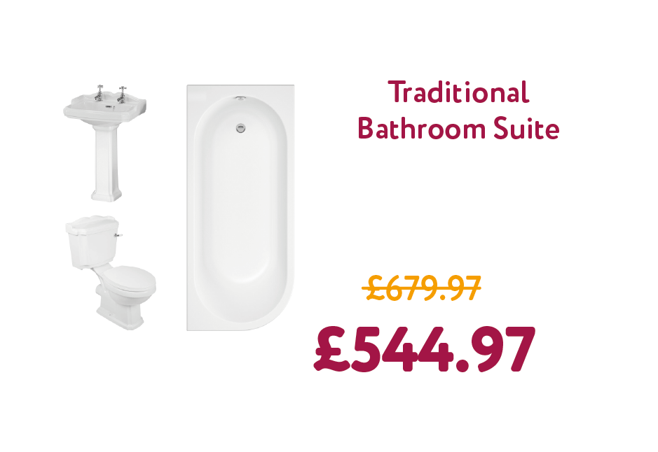 Abbey Traditional Bathroom Suite with J-Shape Bath - Right Handed - 1700mm