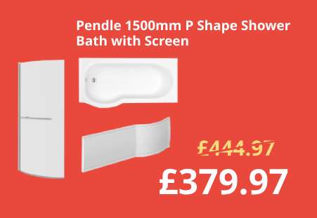 Pendle 1500mm P Shape Shower Bath Left Hand with Front Panel and Chrome Bath Screen with Towel Rail